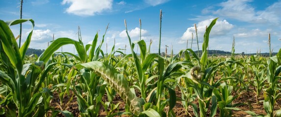 Naklejka premium Rural corn field with young maize plants not gathered for food factory sales