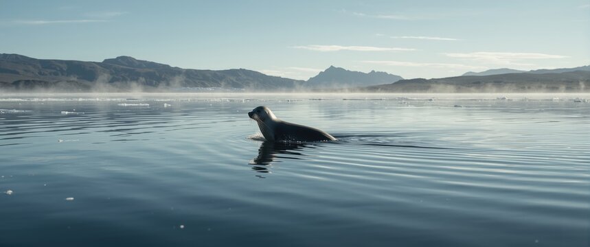 Arctocephalus gazella crossing a shallow lake in Jason Harbour, South Georgia Island