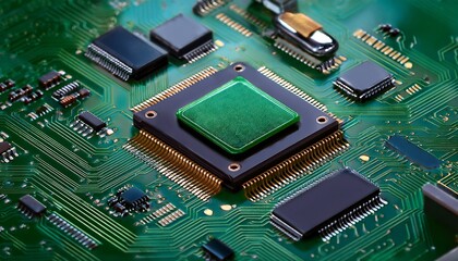 Obraz premium isometric microchips on green circuit board background close up of digital memory and electronic components high tech technology and computing