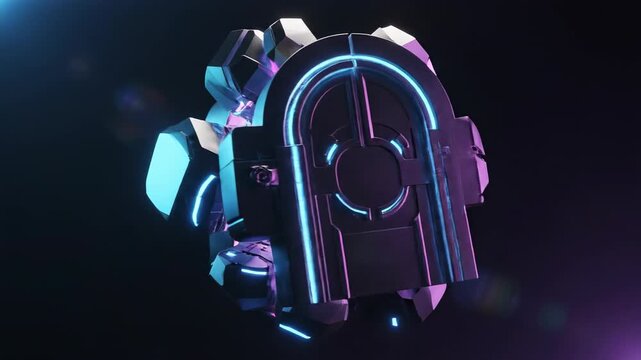 Seamless loop of 3D geometric door shapes rapidly rotating and transforming in a dark void symbolizing unpredictable change and complex strategic decisions decisions, algorithm, strategic