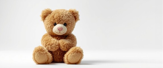 Obraz premium In the foreground, a charming teddy bear set against a white backdrop