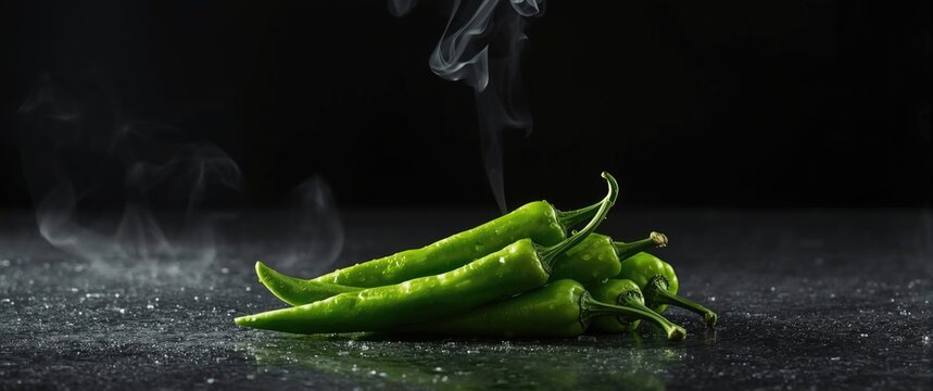 Fresh hot green chili peppers displayed on a dark concrete background