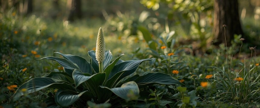 Springtime Arum plant in a forest background during summer, nature, leaves, garden, green, plant, environment