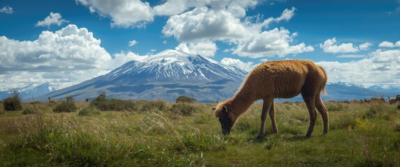 Obraz premium Wild relatives of llamas, Vicunas, grazing at Chimborazo volcano high altitudes in Ecuador, South America