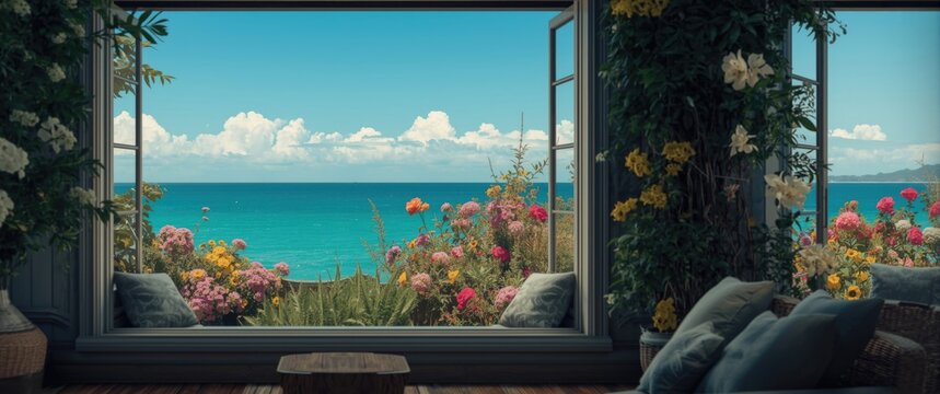 Looking out the window at the charming sea and flower garden