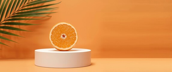 Naklejka premium Orange fruit cut in half alongside tropical palm leaf on product podium, summer food minimal theme, perfect for Product Display and Business Concept