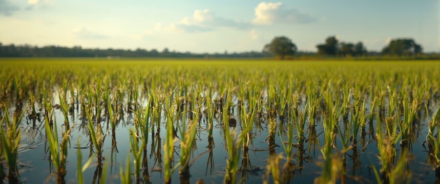 Emerging rice seedlings in a waterlogged paddy field