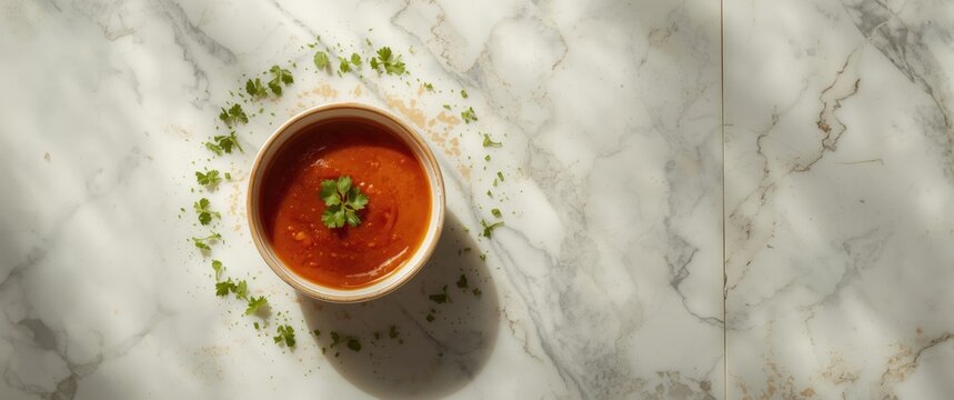 Delicious artisan Mexican sauce with mild hot flavor on vintage marble table, great for Mexican and Tex-Mex recipes and accompaniments