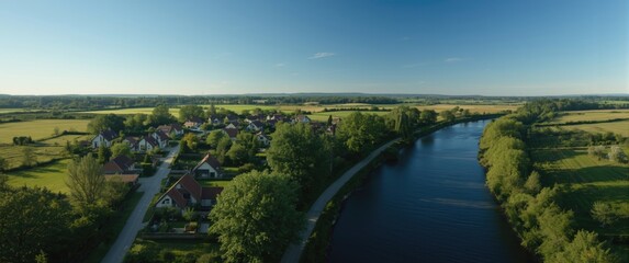 Fototapeta premium Drone view overlooking cottage village close to the river during summer, highlighting houses, forests, and gardens