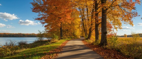 Fototapeta premium Bright autumn day featuring vibrant leaves, scenic water and nature views, trees, grass, winter elements, road, and autumn foliage