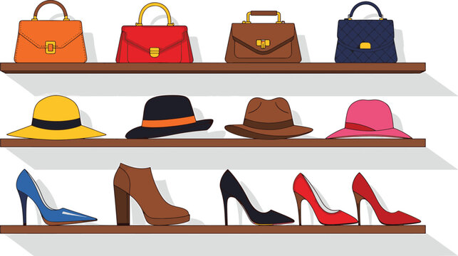 Display shelves with fashion accessories, handbags, hats, and high heels