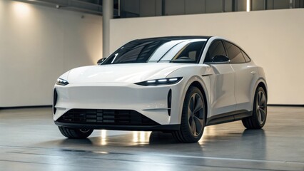 Obraz premium A sleek, modern electric car displayed in a spacious, well-lit environment, showcasing its innovative design and advanced technology.