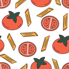 cute hand drawn pasta with tomatoes italian traditional food seamless vector pattern background  illustration