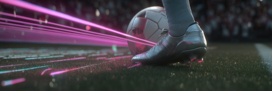 Footballer's foot in cleat kick soccer ball on digital field with glowing magenta and cyan light trails, blurred stadium background