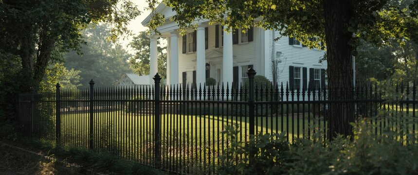 Colonial white home with an iron fence in front