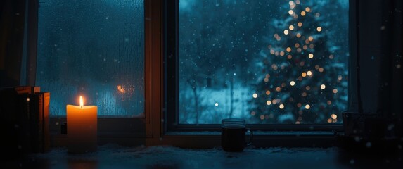 Naklejka premium snowy window scene with candle on desk in winter