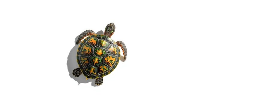 Top view of a turtle on white, showcasing isolated nature scene with sea animals, fish, and vibrant green and orange colors