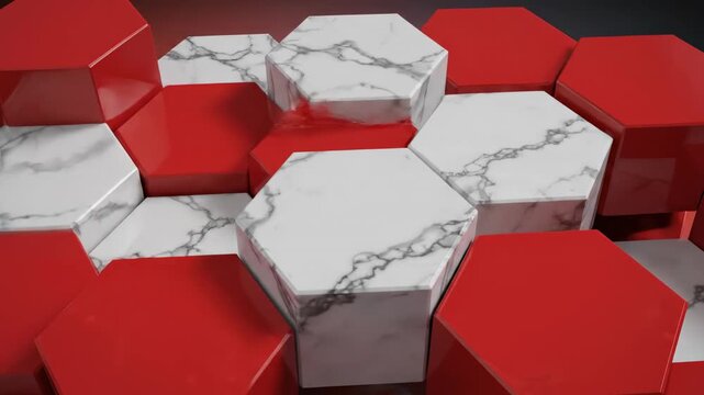 Seamless loop of 3D rotating geometric hexagonal blocks rendered in vibrant red and classic white marble textures shifting and interlocking smoothly polygons, technology, depth of field