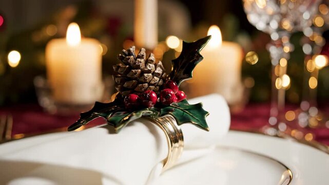 Seamless loop of a beautiful Christmas table accessory slowly rotating 360 degrees, showcasing the handcrafted detail of the pinecone and holly napkin ring berry, design element, white background