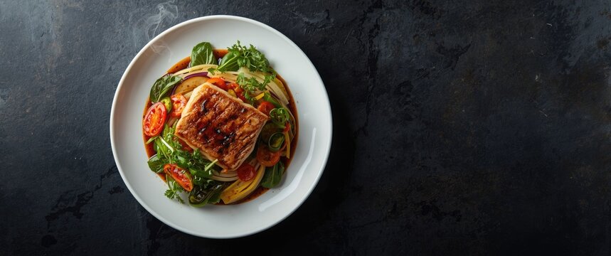 Soy sauce glazed black cod fish served with mixed vegetables on a dark backdrop