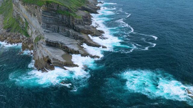 Aerial view from a drone of the coastline near Punta Ballota in the municipality of Suances. Cantabrian Sea. Cantabria. Spain. Europe