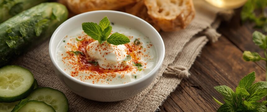 Cucumber and yogurt salad with mint leaves: Tzatziki or cacik