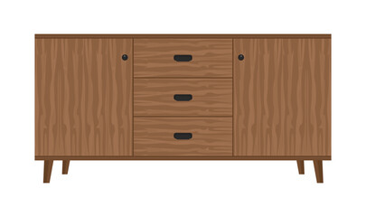 Wooden sideboard with drawers for storage and legs. Modern retro style furniture for home interior design, storage unit TV console, stand. Scandinavian design living room furniture.Colored flat vector © Narek