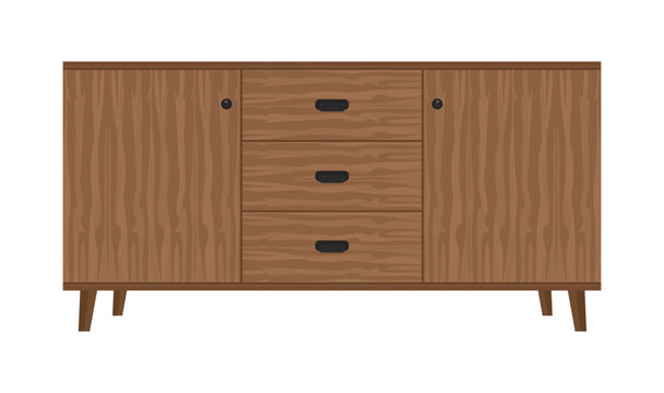 Wooden sideboard with drawers for storage and legs. Modern retro style furniture for home interior design, storage unit TV console, stand. Scandinavian design living room furniture.Colored flat vector