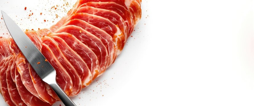 Serrano ham from Spain on a white background featuring serrano, ham, jamon, iberian, food, meat, pork, fat, gastronomy, paprika