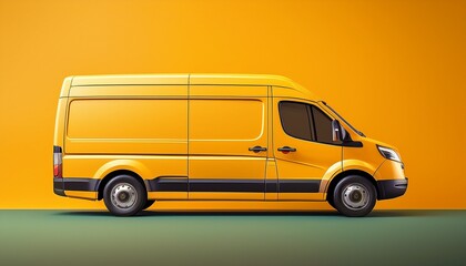 bright yellow delivery van with smooth design on vibrant yellow background for creative concepts