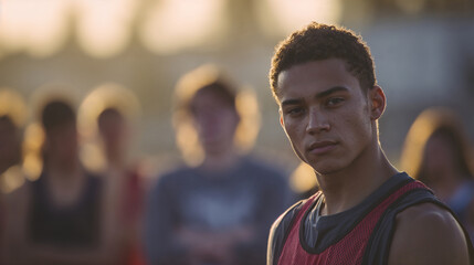 Fototapeta premium Focused Young Athlete Standing on Track Field at Sunset Before Competition