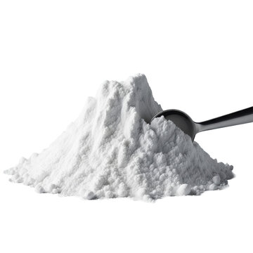 transparent ultra-fine granular powder heap with sharp peaks and a polished sterling silver spoon tip, captured in detailed macro on a matte white surface. concept of purity and precision