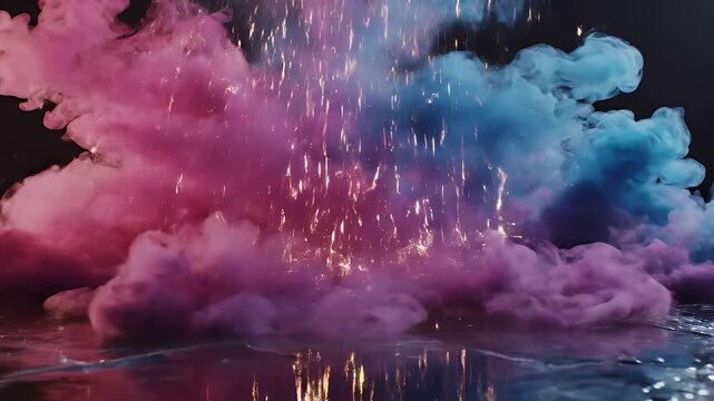 Dynamic Pink and Blue Smoke with Sparks - This striking video features dynamic plumes of pink and blue smoke swirling upwards against a dark background.