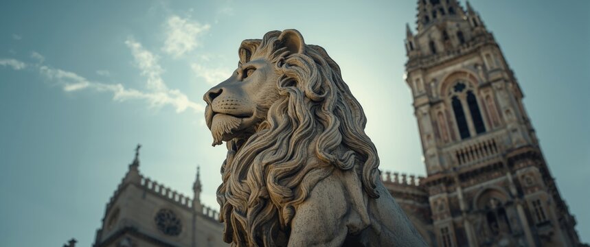 Segovia Cathedral with a lion bearing the coat of arms of Castile and Leon in front