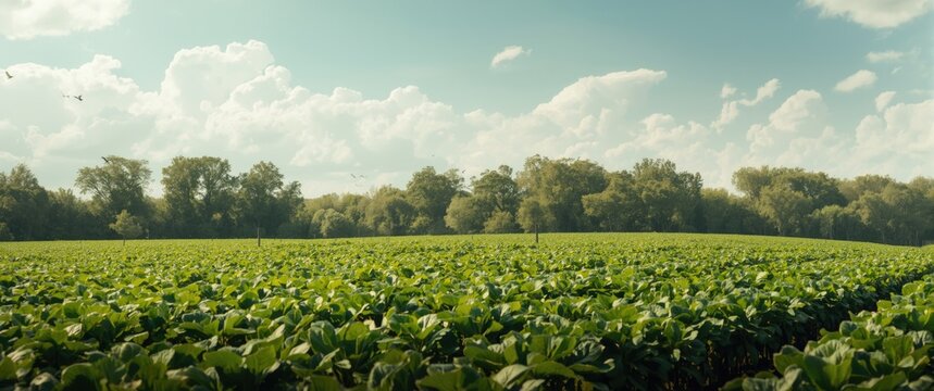 Middle of a sugar beet plot with a windbreak of young trees dividing the endless field rows and supporting bird features