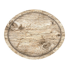 Fototapeta premium Rustic weathered oval wooden texture background isolated on white, resembling an old barrel end or chopping board surface.