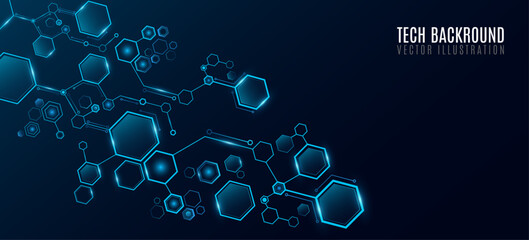 Fototapeta premium Futuristic connected blue hexagons with glow effect for Technology or Science background. Hexagonal pattern for scientific research presentation or UI design. Vector Illustration.