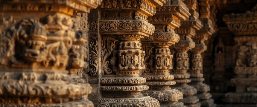 Wall carvings at the historic Channakeshava temple in Belur, Karnataka, India
