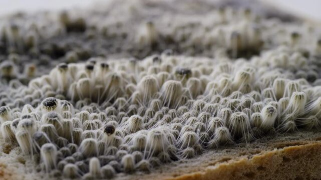 Close-up of mold growing on bread, showcasing the intricate details of fungal growth. Represents food spoilage and the importance of food safety