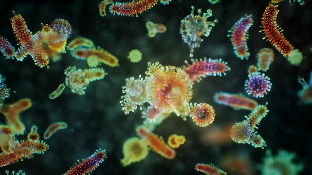 Colorful microscopic view of bacteria and microorganisms in motion. Visual representation of microbial life and its significance in ecosystems and health