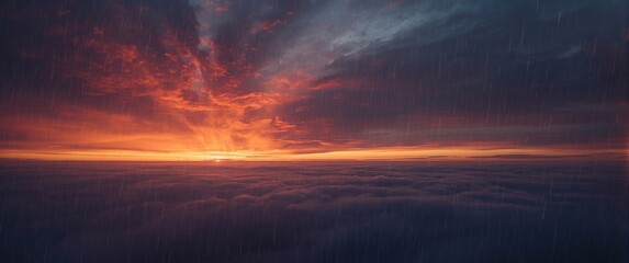 Obraz premium Rain Showers and Colorful Sunset Over Cloudy Horizon with Blurred Background of Dramatic Evening Sky for Design Use