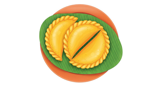 Golden Curry Puffs On Banana Leaf Illustration
