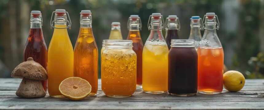 Raw kombucha tea, homemade with various flavors, in bottles and jars alongside fruit juice and scoby on wooden table. Healthy probiotic drink
