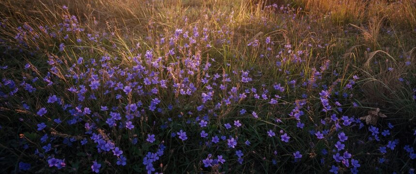Lesser periwinkle with small violet flowers in spring, top view of the field