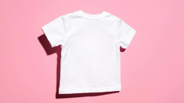 Seamless loop of a blank white toddler t-shirt rotating slowly in the center of an isolated bubblegum pink background for design template rotating slowly, design template, merchandising asset