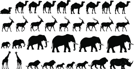 Black Wildlife Silhouette Collection Featuring Camels Gazelles Elephants Giraffes Lions and Rhino Vector Icons Isolated on White Background for Nature Design