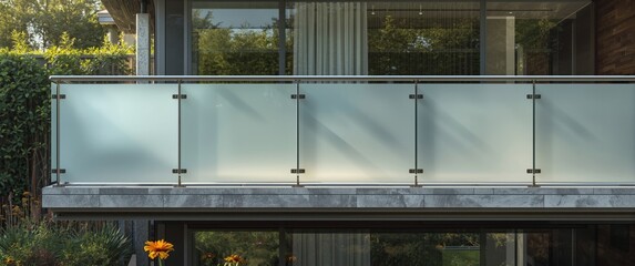 Naklejka premium Upscale home's glass railing secured by gray stainless steel, with frosted glass barrier and elegant metal details