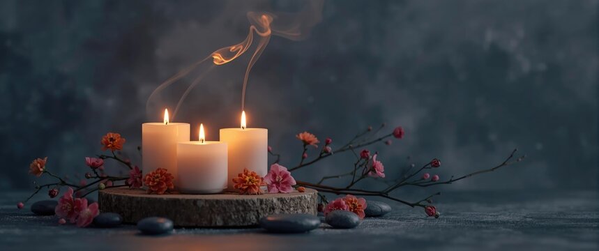 Burning candles with flowers and stones, captured with selective soft focus on a podium during night, light and shadow effects, gray neutral background, minimalist still life