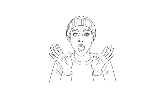 Surprised Young Man with Hands Raised.