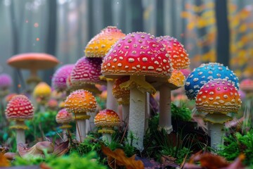 Vibrant, multicolored fly agaric mushrooms thrive in a mystical, enchanted forest, creating a magical scene